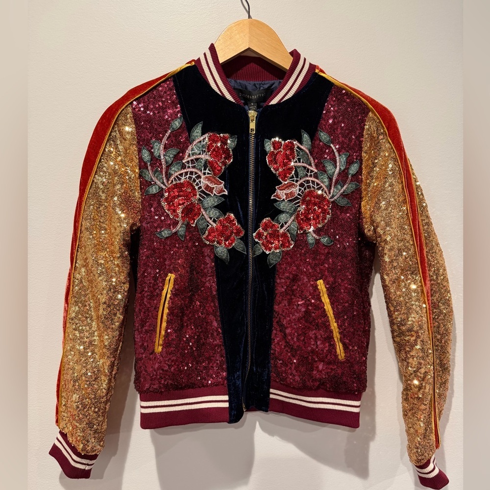 NWT Dance & Marvel Boitique Velvet Sequin Rose Bomber Jacket - Burgundy/Gold
